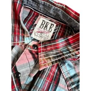 BKE Vintage Mens Red Plaid Long Sleeve Standard Fit Western Snap Shirt Large